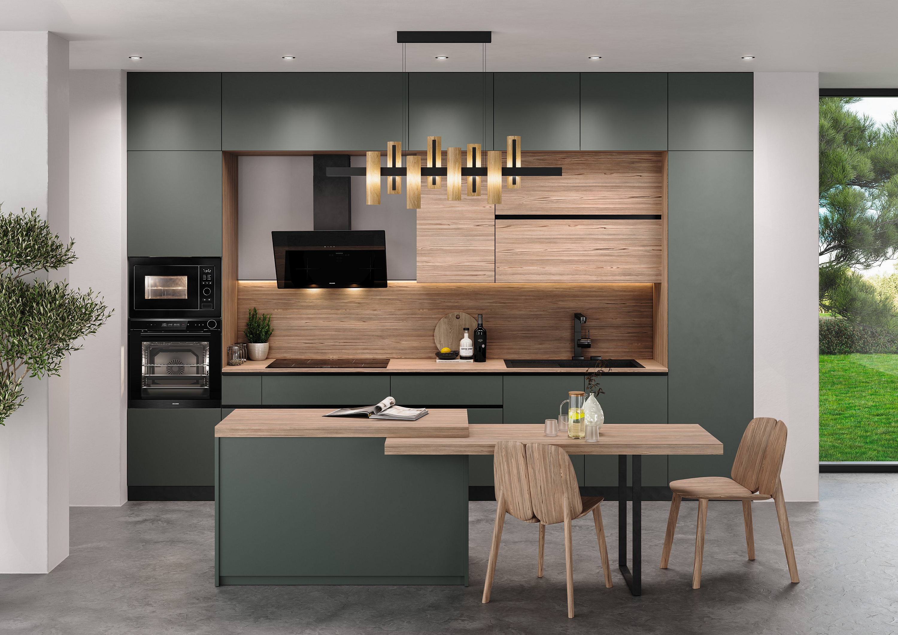 Oranier Backofen XXL in schilfgrüner Küchenzeile mit Holz-Arbeitsplatte und -Rückwand